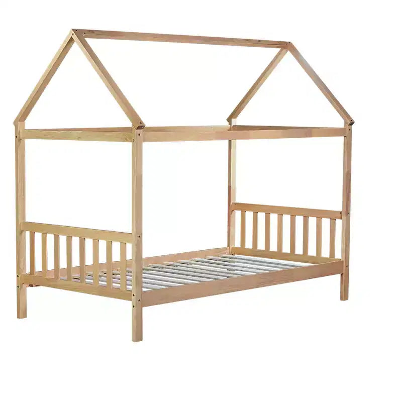 Lit jumeau en bois d'hévéa MAYEERTY avec cadre de maison beige