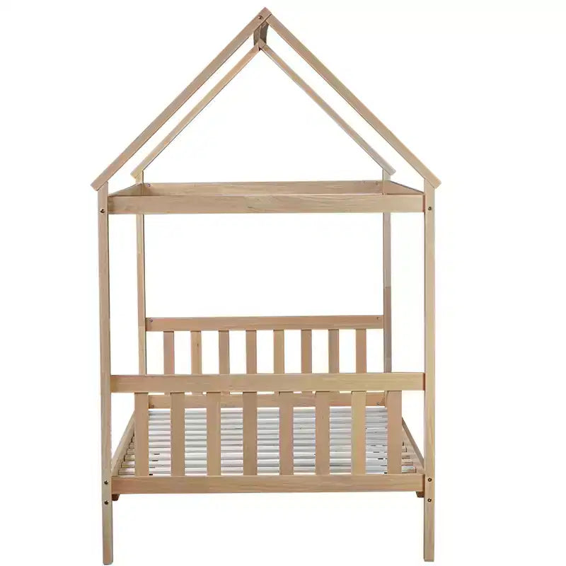 Lit jumeau en bois d'hévéa MAYEERTY avec cadre de maison beige