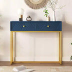MAYEERTY Modern Narrow Console Table with Storage 2 Drawers Stripe Design for Living Room Hallway Navy