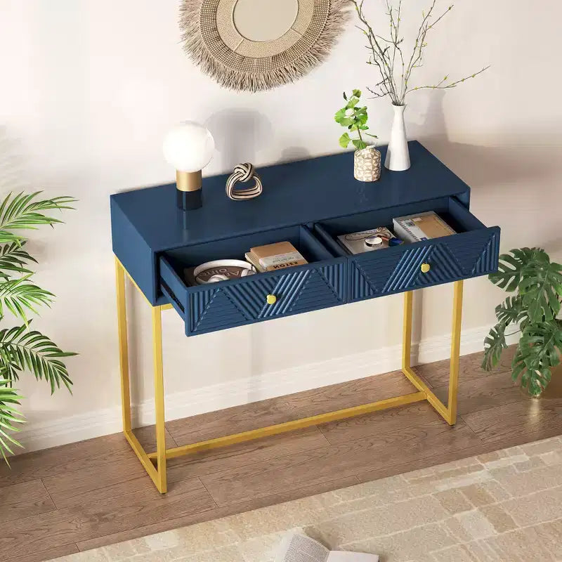 MAYEERTY Console étroite moderne avec rangement 2 tiroirs motif rayé pour salon couloir, bleu marine