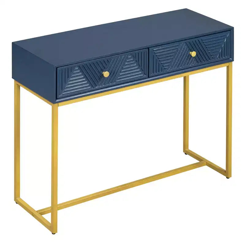MAYEERTY Console étroite moderne avec rangement 2 tiroirs motif rayé pour salon couloir, bleu marine