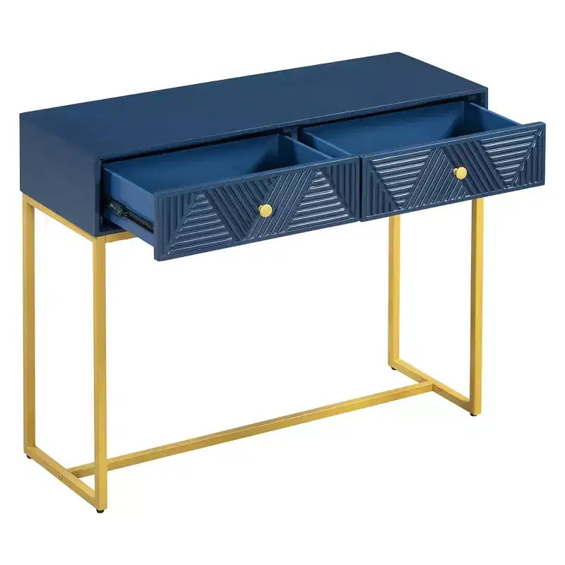 MAYEERTY Console étroite moderne avec rangement 2 tiroirs motif rayé pour salon couloir, bleu marine