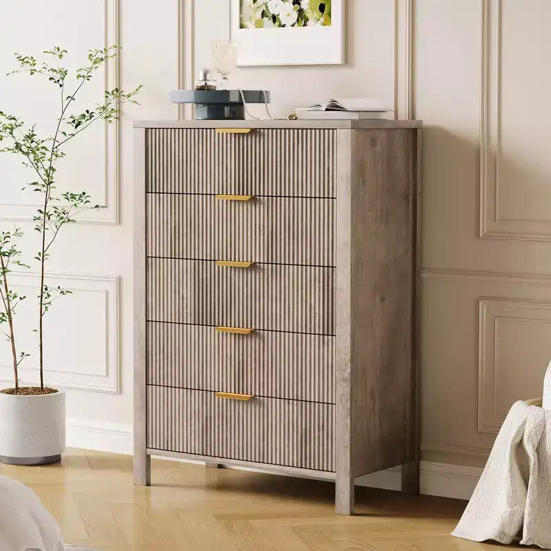 Commode à 5 tiroirs pour chambre à coucher, commode étroite et moderne de 114 cm de haut, armoire de rangement en bois ou table de chevet pour petits espaces