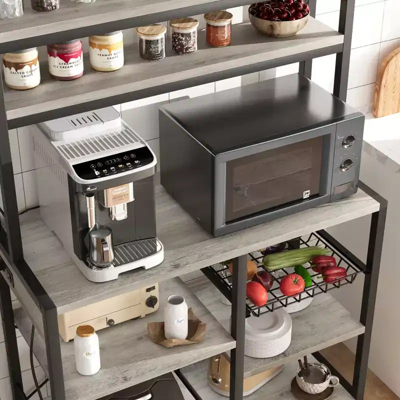 Étagère de Boulanger 5 Niveaux COZONY avec Panier en Fil, Support Micro-ondes avec Prises de Courant et Étagères de Cuisine Ouvertes