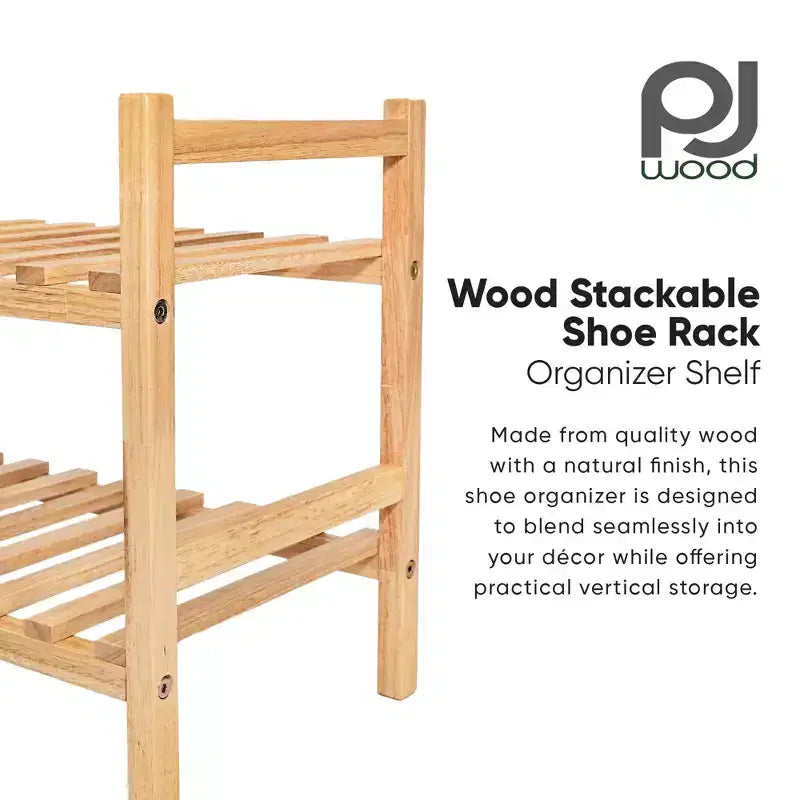 Étagère à Chaussures Empilable en Bois PJ Wood, Organisateur pour Rangement de Placard, Étagères d'Entrée, Meuble à Chaussures Étages, Capacité de 6 Paires, Naturel