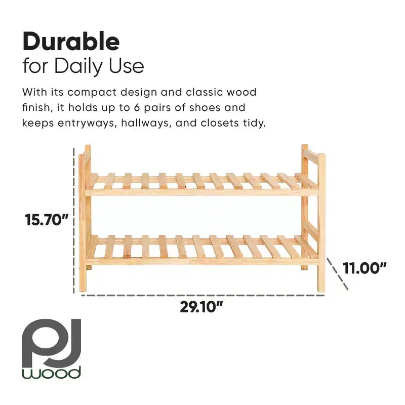 Étagère à Chaussures Empilable en Bois PJ Wood, Organisateur pour Rangement de Placard, Étagères d'Entrée, Meuble à Chaussures Étages, Capacité de 6 Paires, Naturel