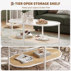 Table basse ovale de 37" avec étagère de rangement en rotin, tables centrales modernes du milieu du siècle à 2 niveaux avec cadre en métal pour salon, bureau, petit espace