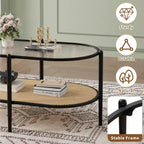 Table basse ovale de 37" avec étagère de rangement en rotin, tables centrales modernes du milieu du siècle à 2 niveaux avec cadre en métal pour salon, bureau, petit espace