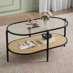 Table basse ovale de 37" avec étagère de rangement en rotin, tables centrales modernes du milieu du siècle à 2 niveaux avec cadre en métal pour salon, bureau, petit espace
