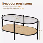 Table basse ovale de 37" avec étagère de rangement en rotin, tables centrales modernes du milieu du siècle à 2 niveaux avec cadre en métal pour salon, bureau, petit espace