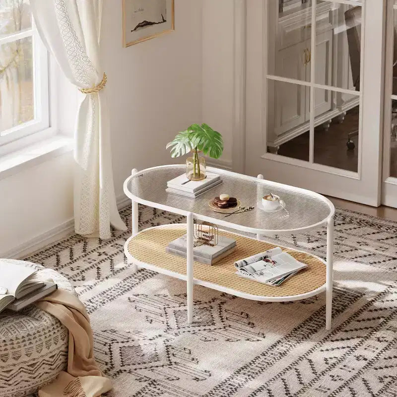 Table basse ovale de 37" avec étagère de rangement en rotin, tables centrales modernes du milieu du siècle à 2 niveaux avec cadre en métal pour salon, bureau, petit espace