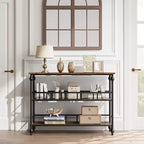 Console 43, Table d'entrée industrielle à 3 niveaux, Table de canapé étroite avec étagères