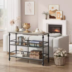 Console 43, Table d'entrée industrielle à 3 niveaux, Table de canapé étroite avec étagères