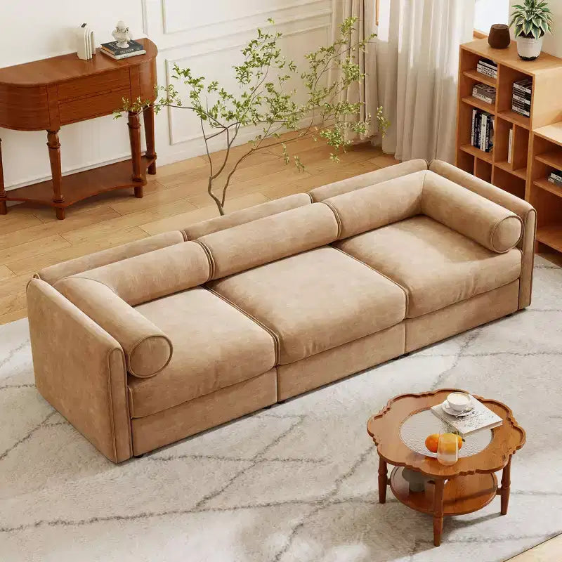 Élégant canapé blanc en chenille avec assise de rangement, dossier et accoudoirs cylindriques