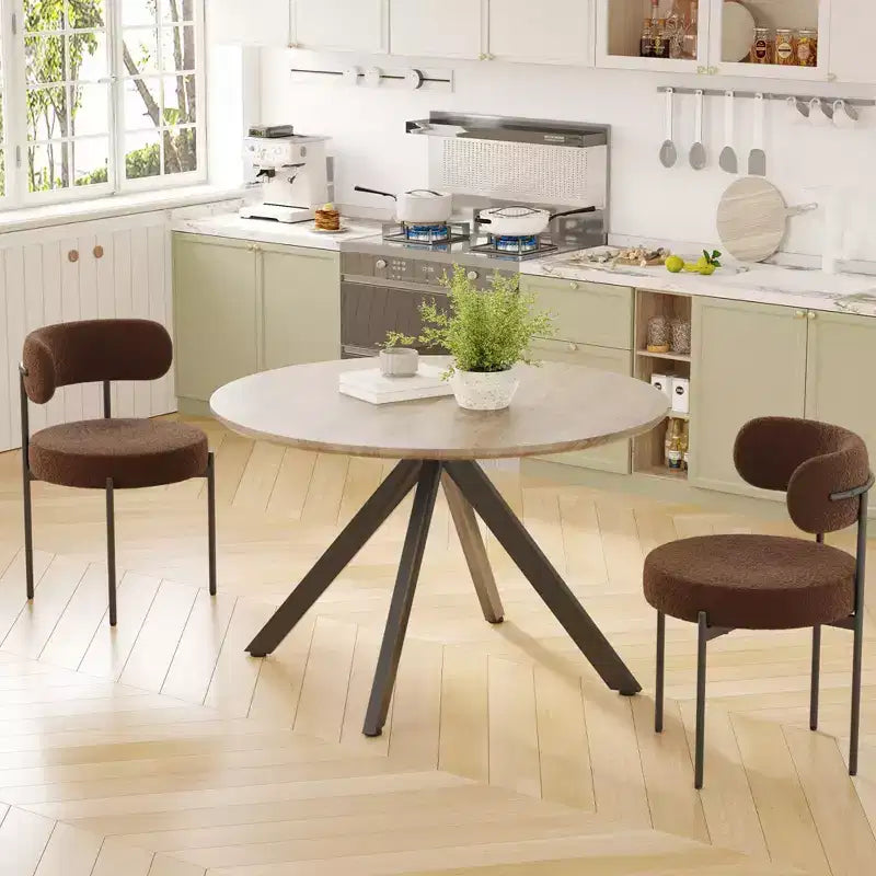 Table à manger de style Mid-Century pour 4-6 personnes, plateau rond en bois de 120 cm et pieds en métal pour cuisine, salle à manger, salon