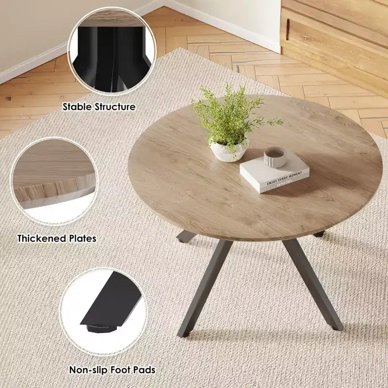 Table à manger de style Mid-Century pour 4-6 personnes, plateau rond en bois de 120 cm et pieds en métal pour cuisine, salle à manger, salon