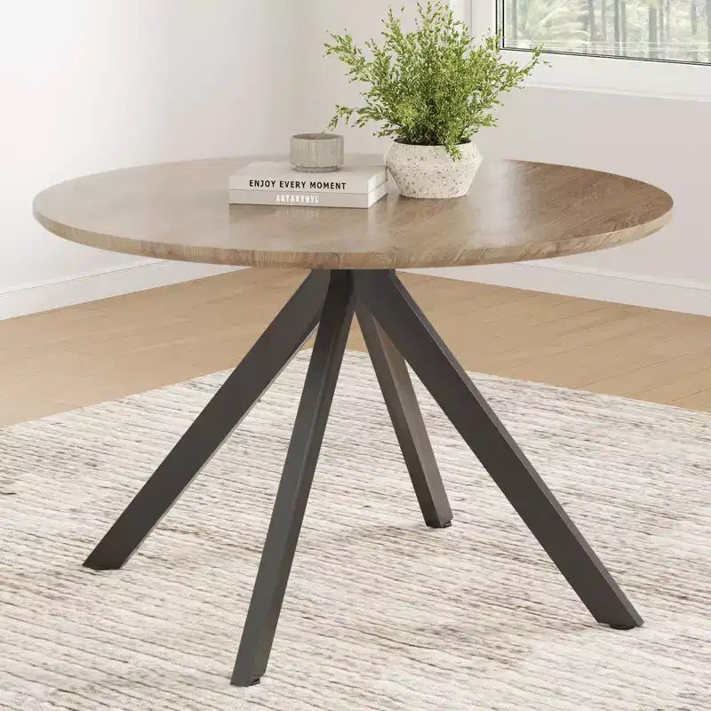 Table à manger de style Mid-Century pour 4-6 personnes, plateau rond en bois de 120 cm et pieds en métal pour cuisine, salle à manger, salon