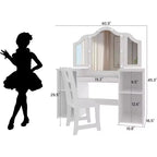 Coiffeuse pour enfants - Coiffeuse de princesse avec lumière tactile, miroir triptyque amovible, étagères de rangement ouvertes, ensemble de maquillage en bois avec filles