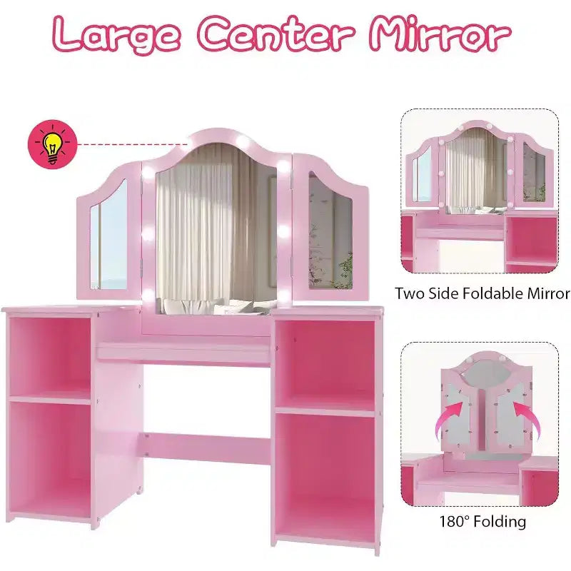 Coiffeuse pour enfants - Coiffeuse de princesse avec lumière tactile, miroir triptyque amovible, étagères de rangement ouvertes, ensemble de maquillage en bois avec filles