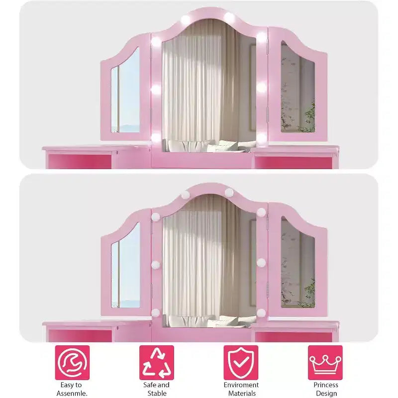 Coiffeuse pour enfants - Coiffeuse de princesse avec lumière tactile, miroir triptyque amovible, étagères de rangement ouvertes, ensemble de maquillage en bois avec filles