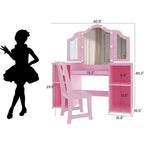 Coiffeuse pour enfants - Coiffeuse de princesse avec lumière tactile, miroir triptyque amovible, étagères de rangement ouvertes, ensemble de maquillage en bois avec filles