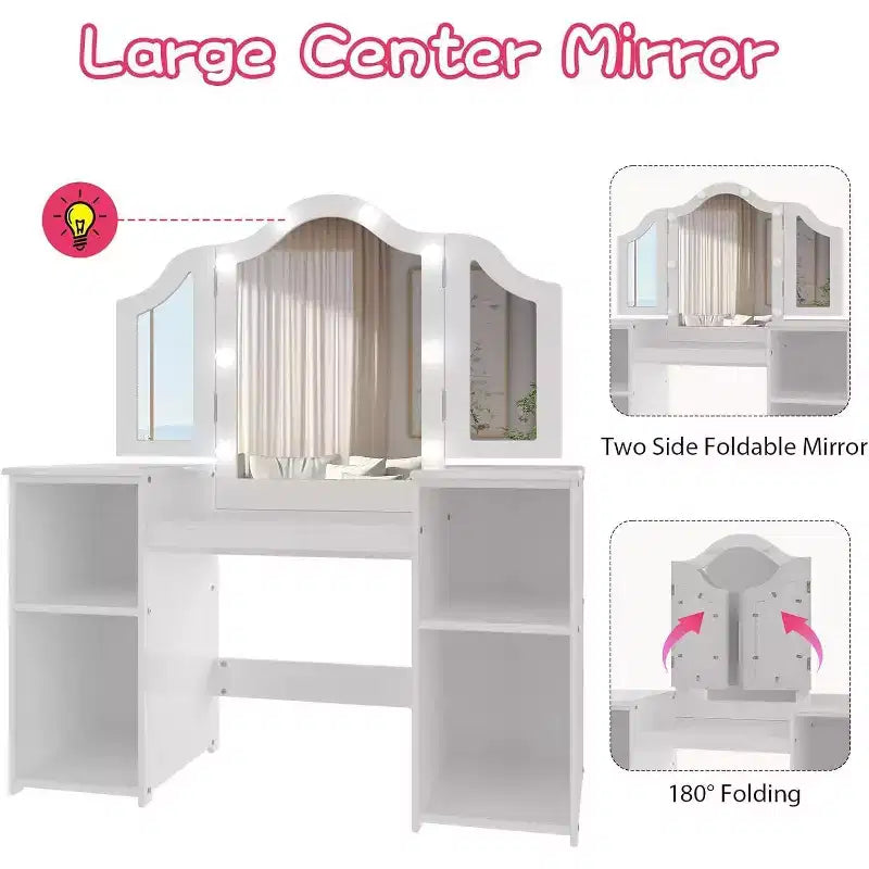 Coiffeuse pour enfants - Coiffeuse de princesse avec lumière tactile, miroir triptyque amovible, étagères de rangement ouvertes, ensemble de maquillage en bois avec filles