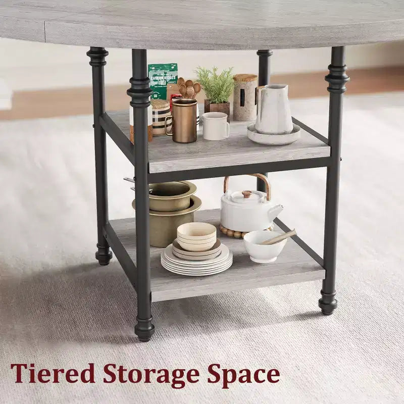 Table à manger ronde de 120 cm pour 4 personnes, Table de cuisine avec étagère de rangement et pieds en métal, Table circulaire pour salon et appartement (Table uniquement)