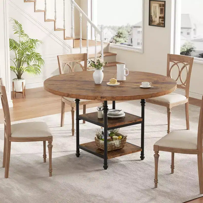 Table à manger ronde de 120 cm pour 4 personnes, Table de cuisine avec étagère de rangement et pieds en métal, Table circulaire pour salon et appartement (Table uniquement)