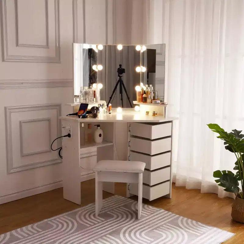 Coiffeuse de Maquillage - Ensemble Coiffeuse avec Lumières et Prise de Courant Coiffeuse d'Angle avec 5 Tiroirs Rotatifs