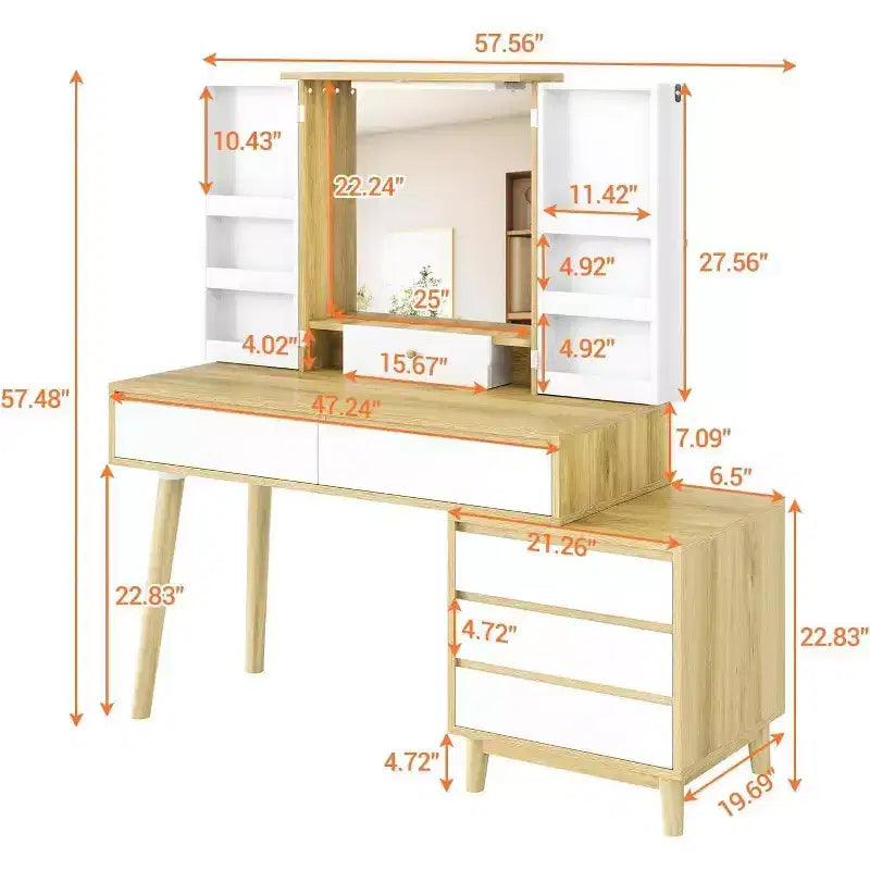 Coiffeuse avec miroir, modes d'éclairage 3 couleurs et 6 tiroirs de rangement, luminosité réglable pour chambre à coucher
