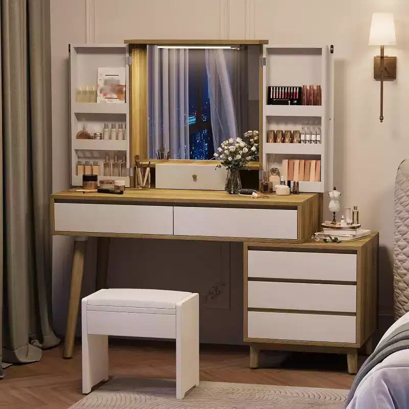 Coiffeuse avec miroir, modes d'éclairage 3 couleurs et 6 tiroirs de rangement, luminosité réglable pour chambre à coucher