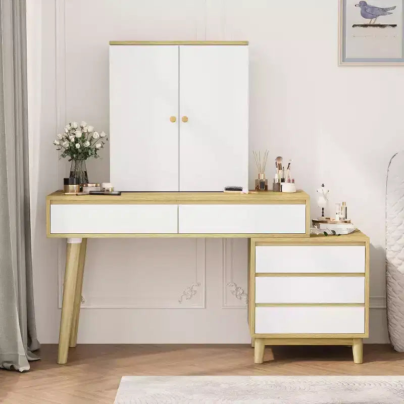Coiffeuse avec miroir, modes d'éclairage 3 couleurs et 6 tiroirs de rangement, luminosité réglable pour chambre à coucher