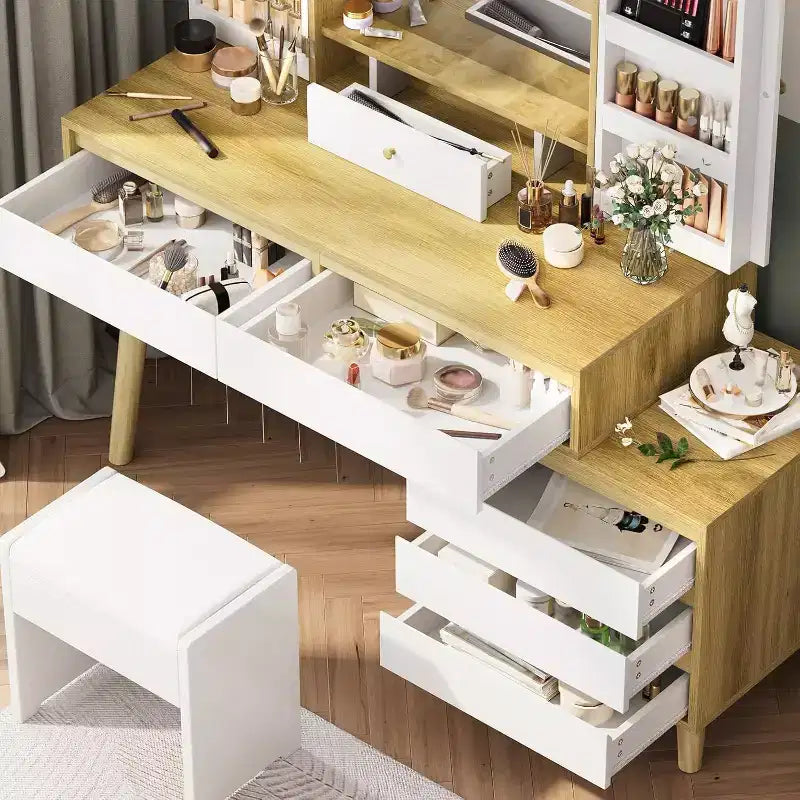 Coiffeuse avec miroir, modes d'éclairage 3 couleurs et 6 tiroirs de rangement, luminosité réglable pour chambre à coucher