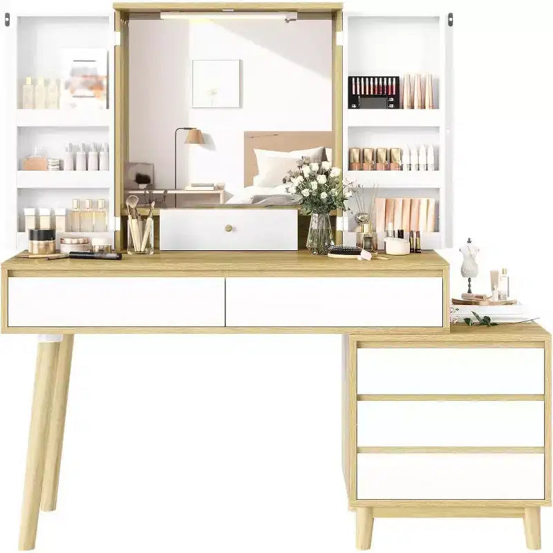 Coiffeuse avec miroir, modes d'éclairage 3 couleurs et 6 tiroirs de rangement, luminosité réglable pour chambre à coucher