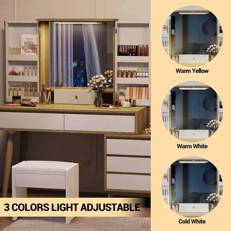 Coiffeuse avec miroir, modes d'éclairage 3 couleurs et 6 tiroirs de rangement, luminosité réglable pour chambre à coucher
