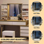 Coiffeuse avec miroir, modes d'éclairage 3 couleurs et 6 tiroirs de rangement, luminosité réglable pour chambre à coucher