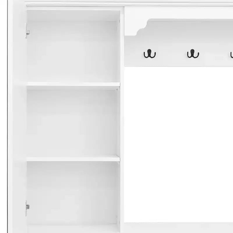 Porte-manteau 4-en-1 ModernLuxe, meuble à chaussures blanc pour entrée, vestiaire avec 4 crochets, porte d'armoire miroir, 2 tiroirs basculants et 2 armoires
