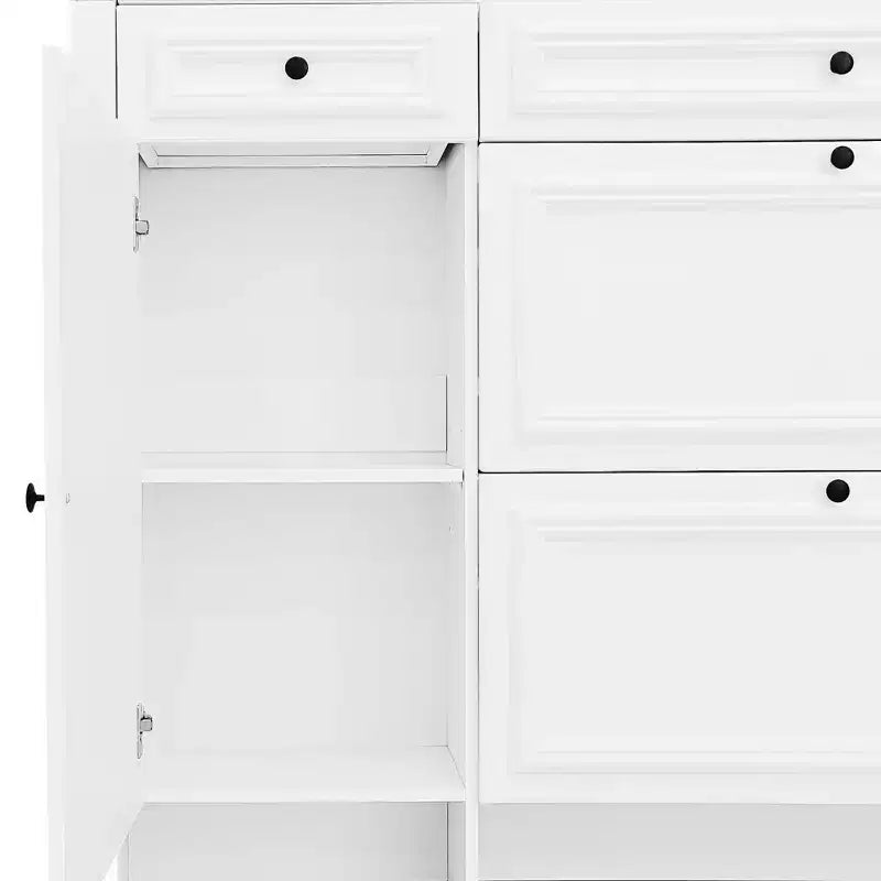 Porte-manteau 4-en-1 ModernLuxe, meuble à chaussures blanc pour entrée, vestiaire avec 4 crochets, porte d'armoire miroir, 2 tiroirs basculants et 2 armoires