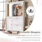 Porte-manteau 4-en-1 ModernLuxe, meuble à chaussures blanc pour entrée, vestiaire avec 4 crochets, porte d'armoire miroir, 2 tiroirs basculants et 2 armoires
