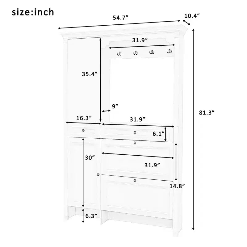 Porte-manteau 4-en-1 ModernLuxe, meuble à chaussures blanc pour entrée, vestiaire avec 4 crochets, porte d'armoire miroir, 2 tiroirs basculants et 2 armoires
