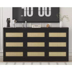 Dresser for Bedroom, Rattan 9 Drawer Dresser for Closet, Double Wood Dressers & Chest of Drawers