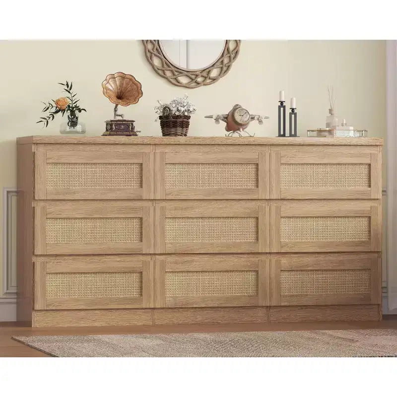 Commode de chambre, Commode en rotin à 9 tiroirs pour placard, Commodes doubles en bois et chiffonnier