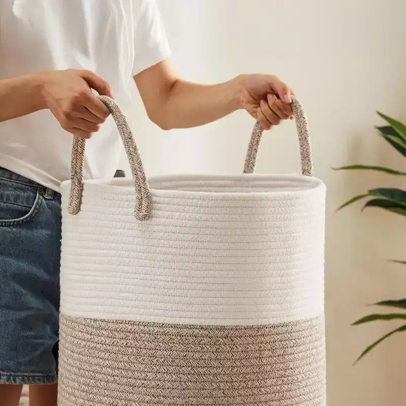 Cheer Collection Grand Panier à Linge en Coton avec Poignées - Panier Tressé Haut pour Vêtements, Jouets, Couvertures