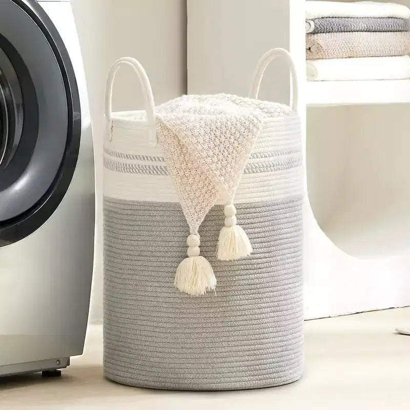 Cheer Collection Grand Panier à Linge en Coton avec Poignées - Panier Tressé Haut pour Vêtements, Jouets, Couvertures