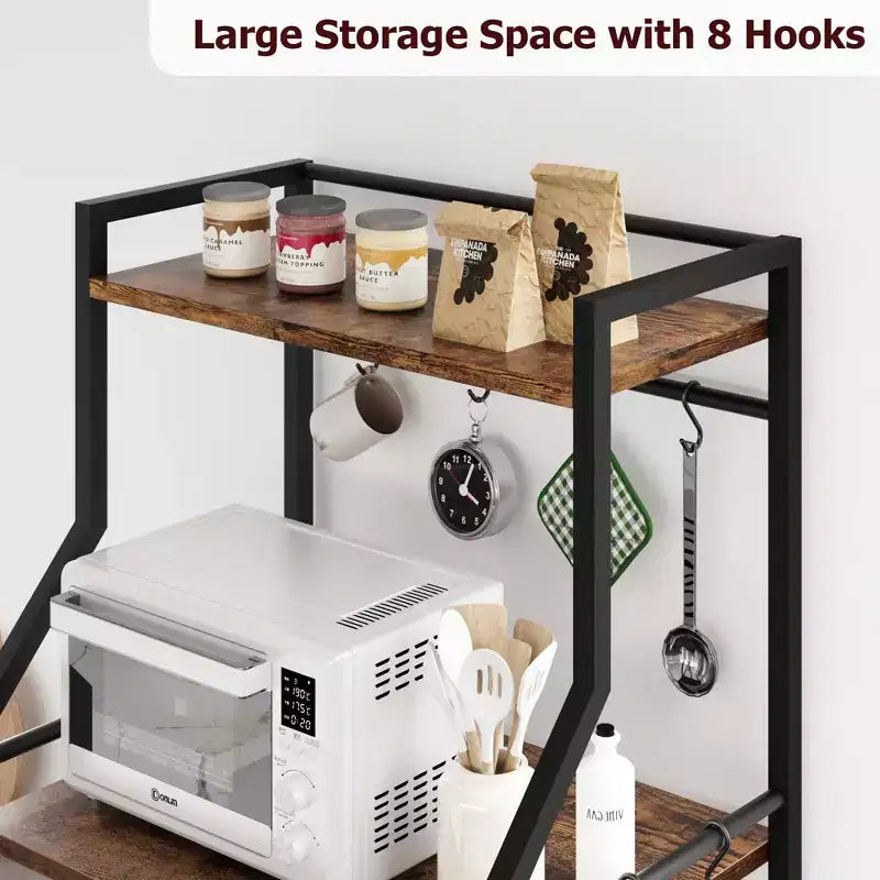 Meuble de micro-ondes rustique, étagère de rangement à 5 niveaux avec pieds réglables et kit anti-basculement, bois composite