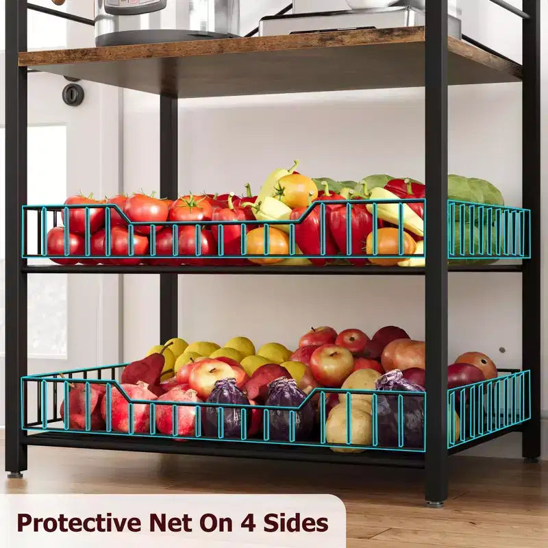 Meuble de micro-ondes rustique, étagère de rangement à 5 niveaux avec pieds réglables et kit anti-basculement, bois composite