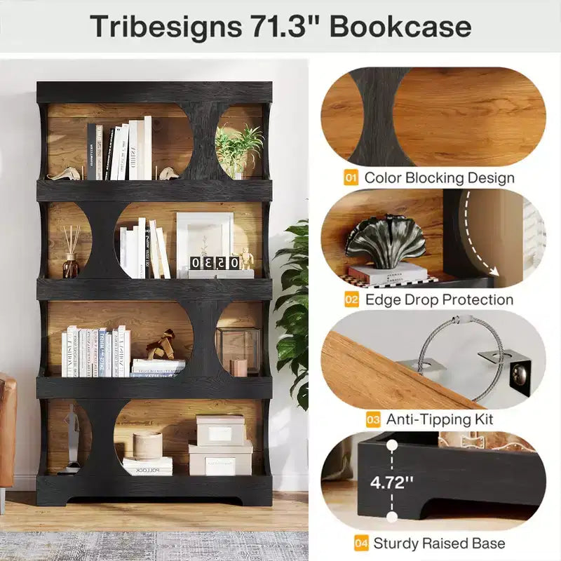 MAYEERTY Bibliothèque haute 4 niveaux en forme de S, design classique bicolore noir et marron