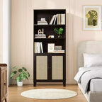 Bibliothèque PexFix à 5 étagères avec portes en rotin, grande étagère de présentation blanche pour bureau à domicile ou chambre à coucher