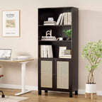 Bibliothèque PexFix à 5 étagères avec portes en rotin, grande étagère de présentation blanche pour bureau à domicile ou chambre à coucher