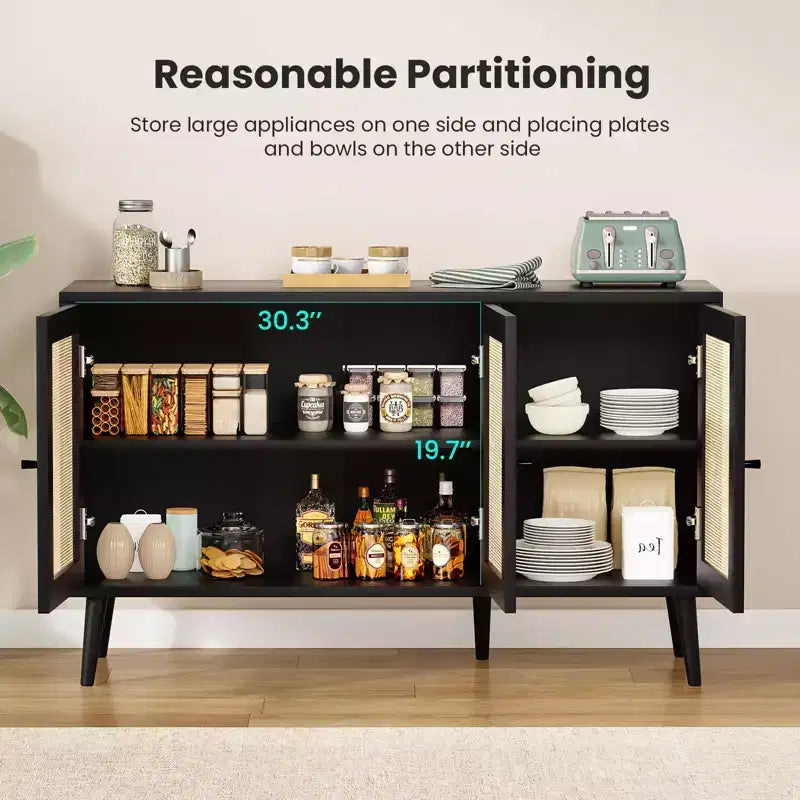 PexFix Buffet de Salle à Manger Meuble de Cuisine avec 3 Portes en Rotin et Étagères Réglables